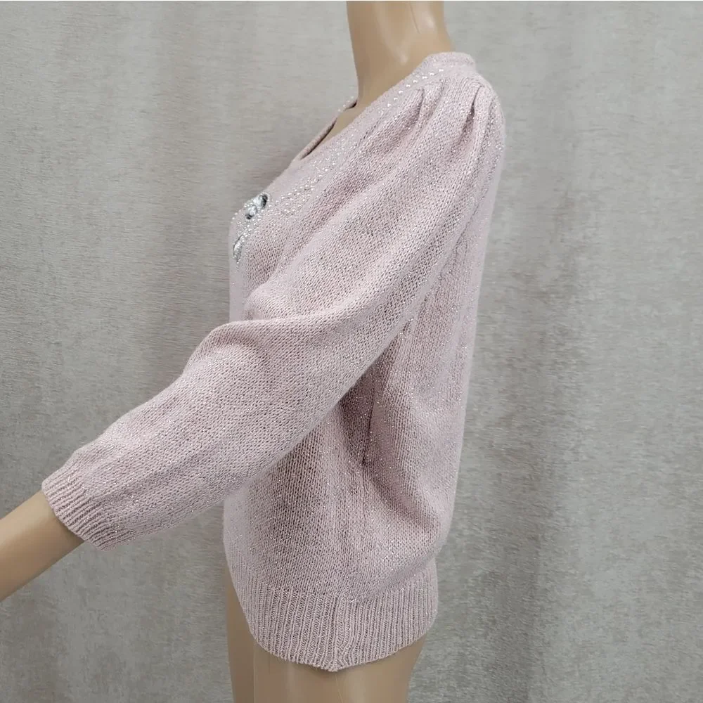 Stepping Stones Vintage Light Pink Silk Angora Blend Pearl Sequin Bow on Front - Picture 6 of 11